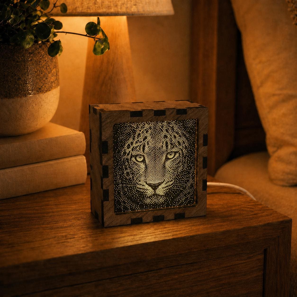 Leopard Night Light | Nocturnal Animal Range | Stipple Art Mood Lamp | Wooden USB Bedside Light