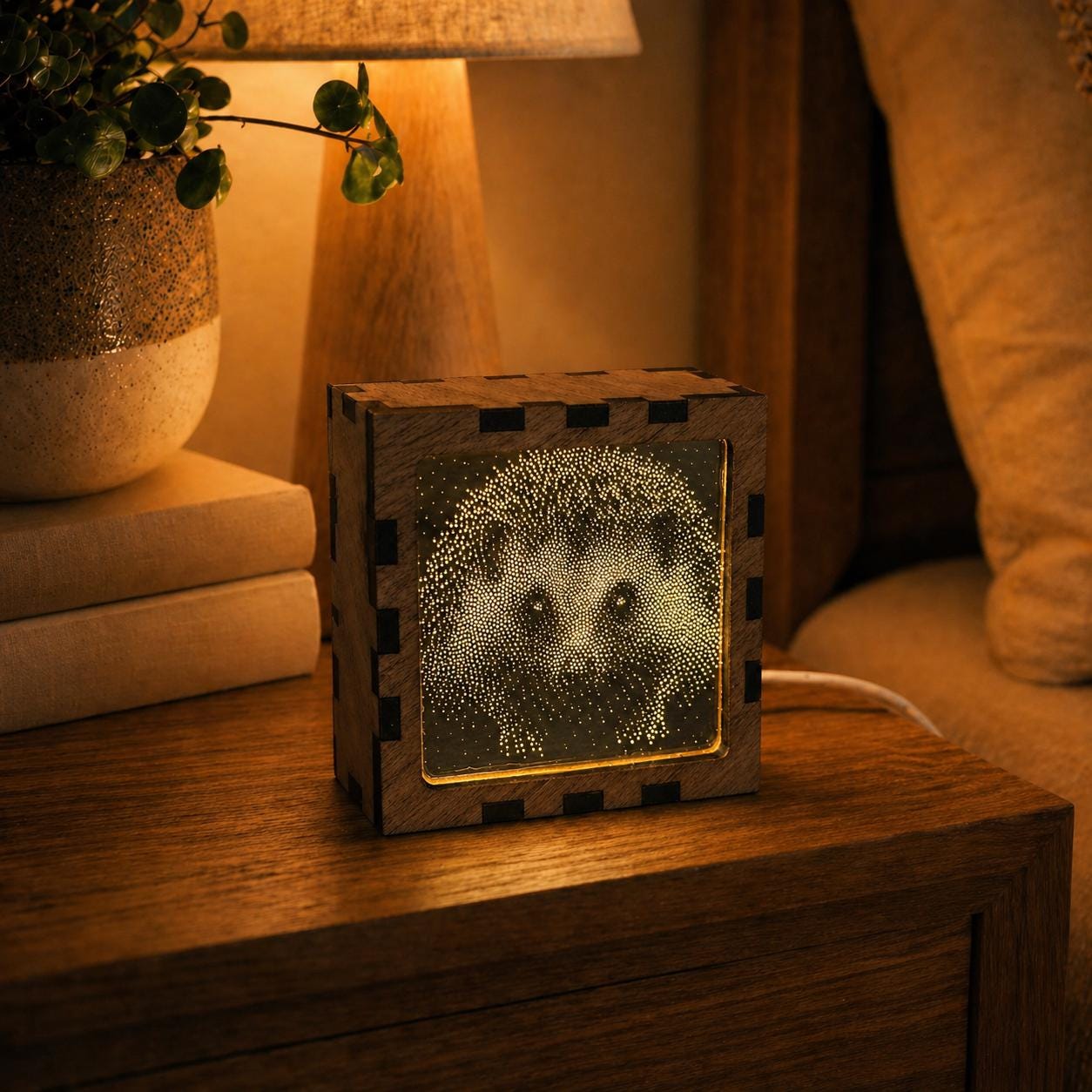Hedgehog Night Light | Nocturnal Animal Range | Stipple Art Mood Lamp | Wooden USB Bedside Light