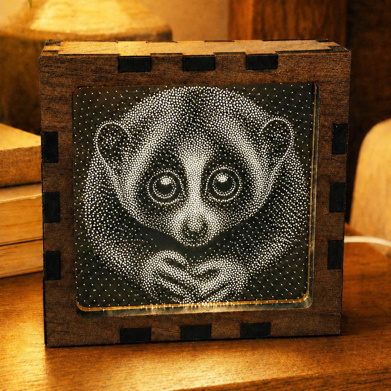 Slow Loris Night Light | Nocturnal Animal Range | Stipple Art Mood Lamp | Wooden USB Bedside Light