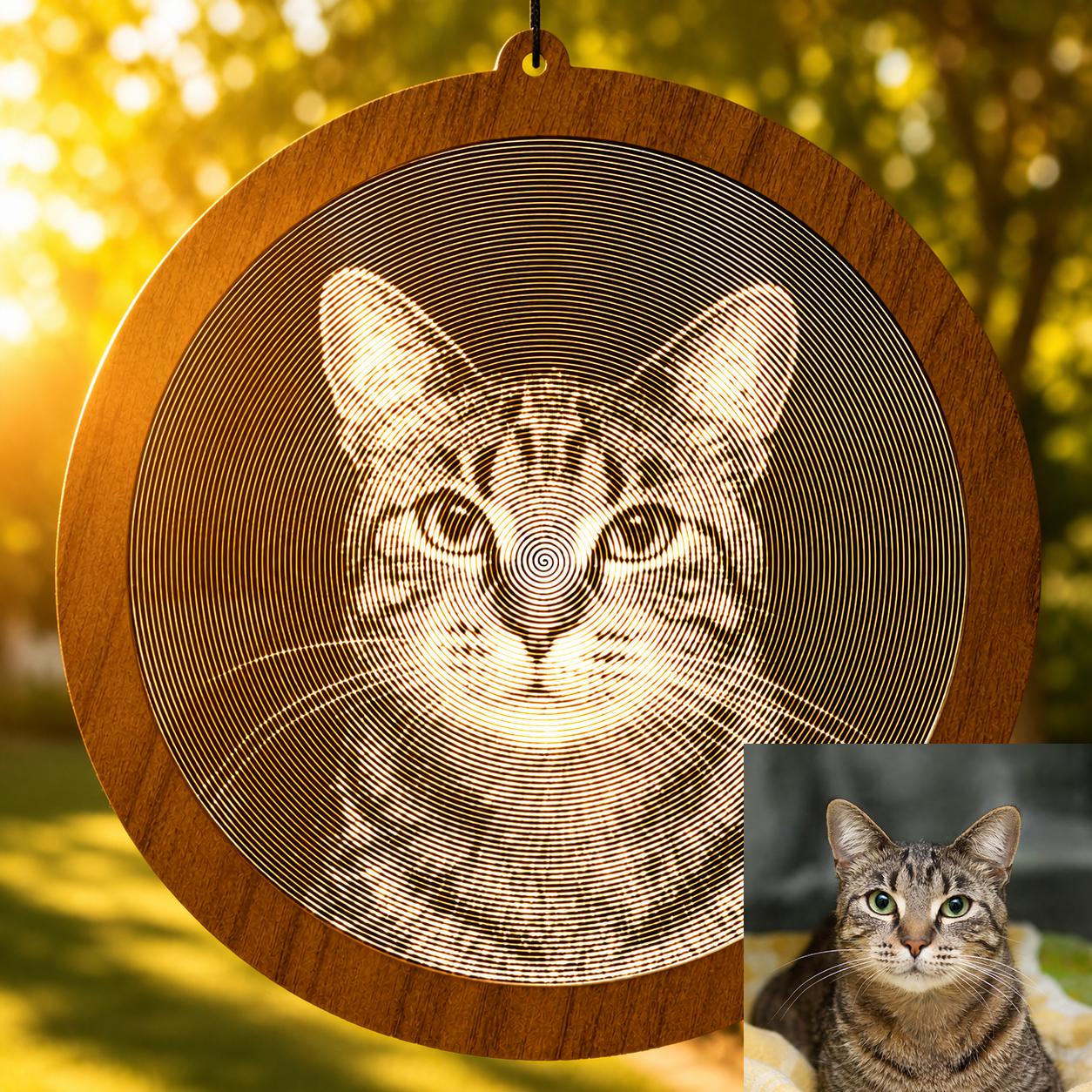 Custom Photo Suncatcher, Spiral Art Modern Mirror & Walnut Window Hanging
