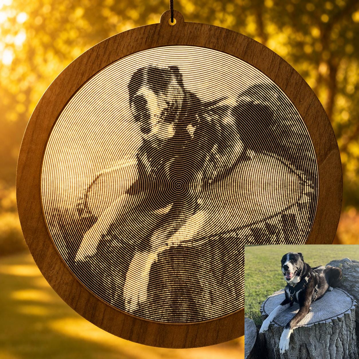 Custom Photo Suncatcher, Spiral Art Modern Mirror & Walnut Window Hanging