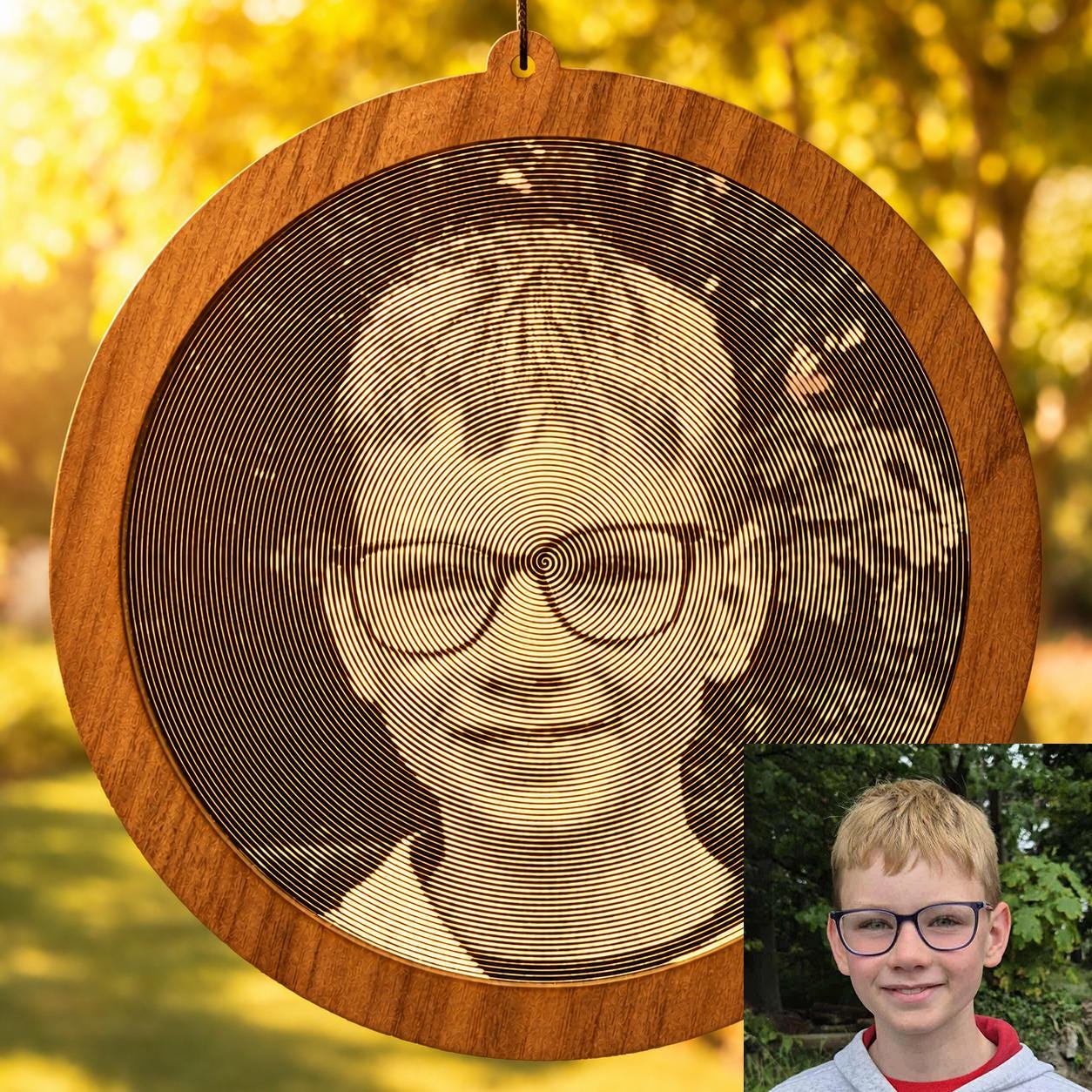 Custom Photo Suncatcher, Spiral Art Modern Mirror & Walnut Window Hanging