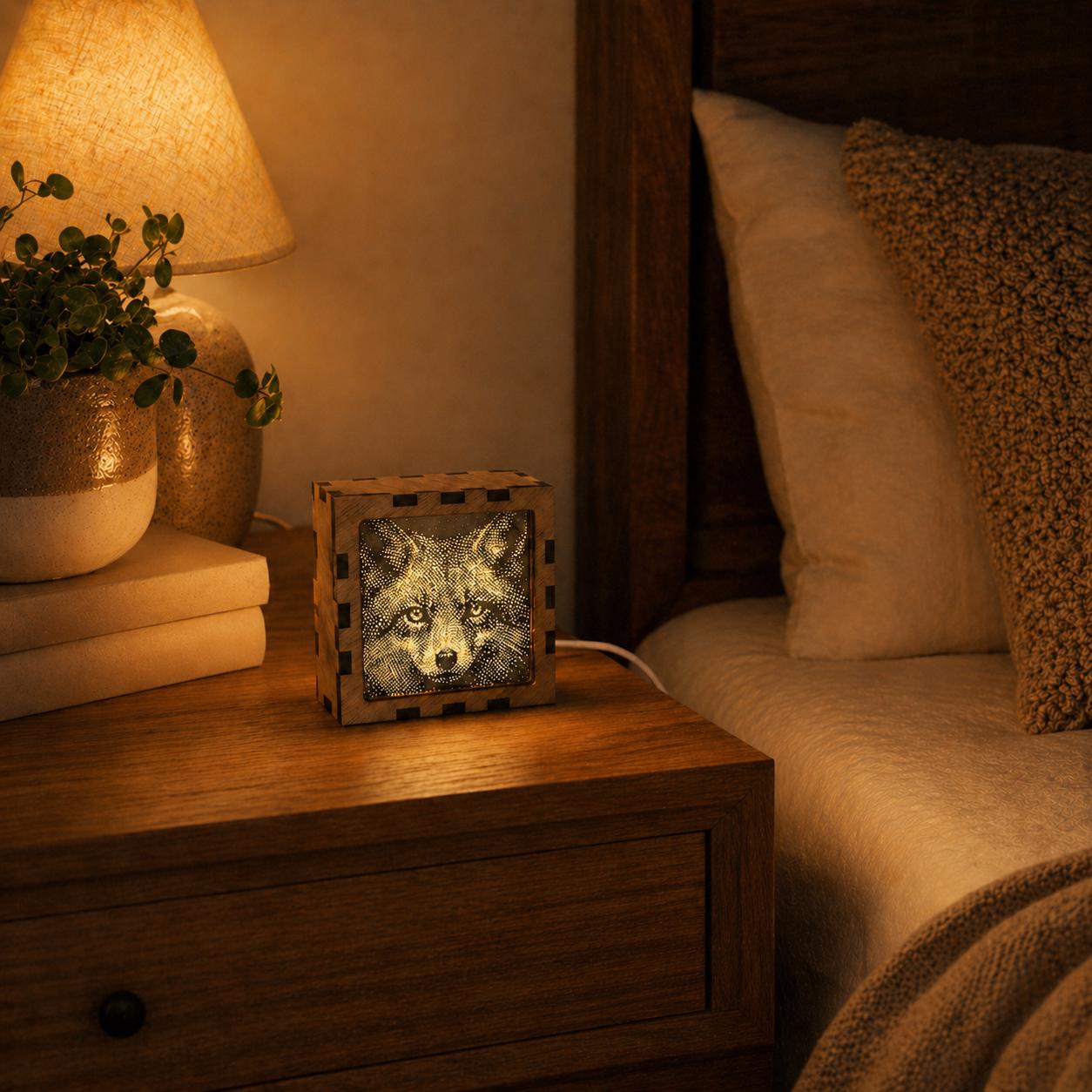Fox Night Light | Nocturnal Animal Range | Stipple Art Mood Lamp | Wooden USB Bedside Light
