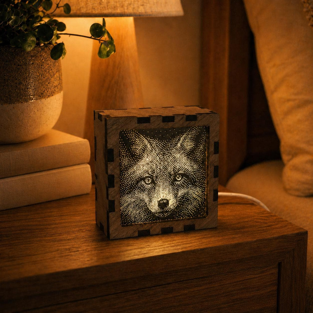 Fox Night Light | Nocturnal Animal Range | Stipple Art Mood Lamp | Wooden USB Bedside Light
