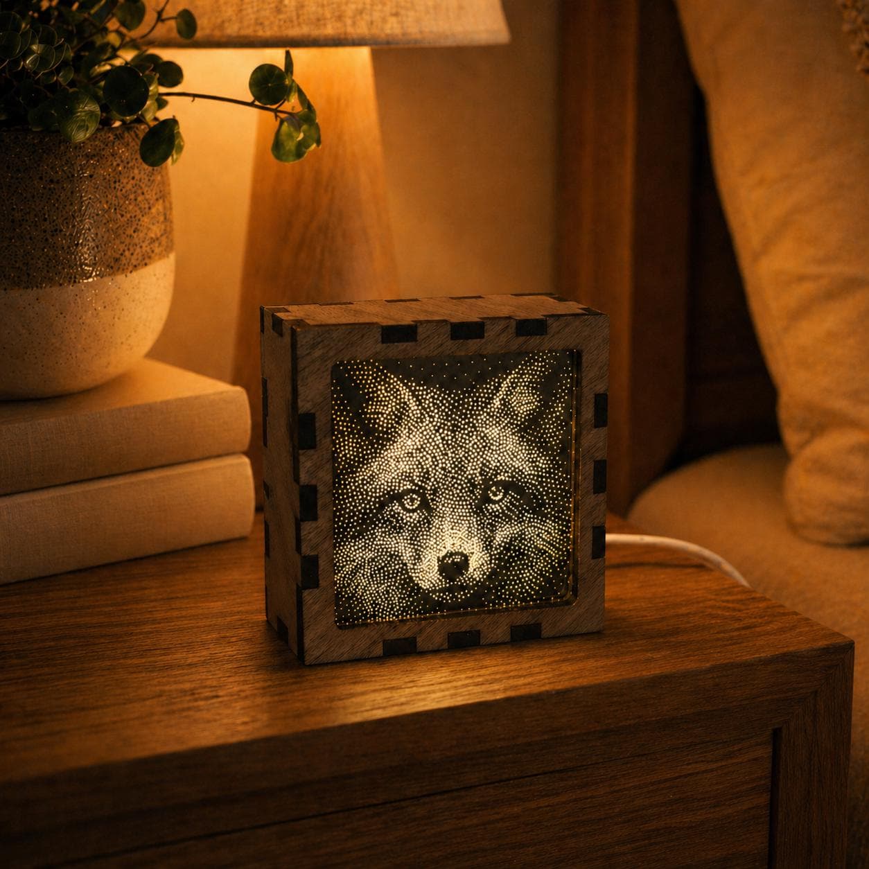 Fox Night Light | Nocturnal Animal Range | Stipple Art Mood Lamp | Wooden USB Bedside Light