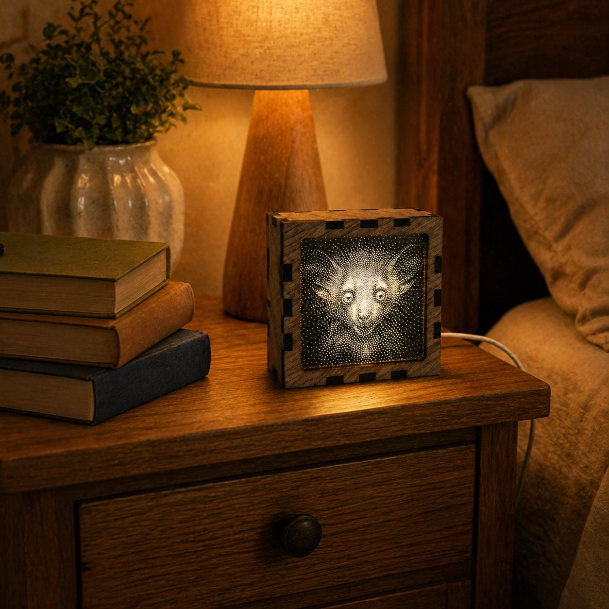 Aye Aye Night Light | Nocturnal Animal Range | Stipple Art Mood Lamp | Wooden USB Bedside Light