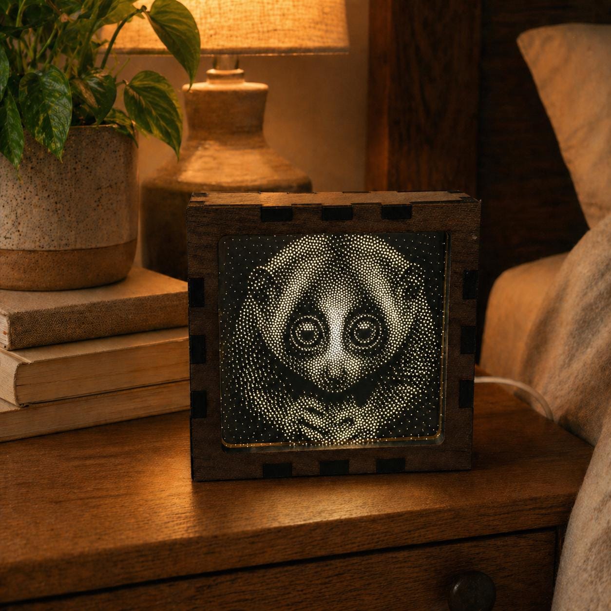 Slow Loris Night Light | Nocturnal Animal Range | Stipple Art Mood Lamp | Wooden USB Bedside Light