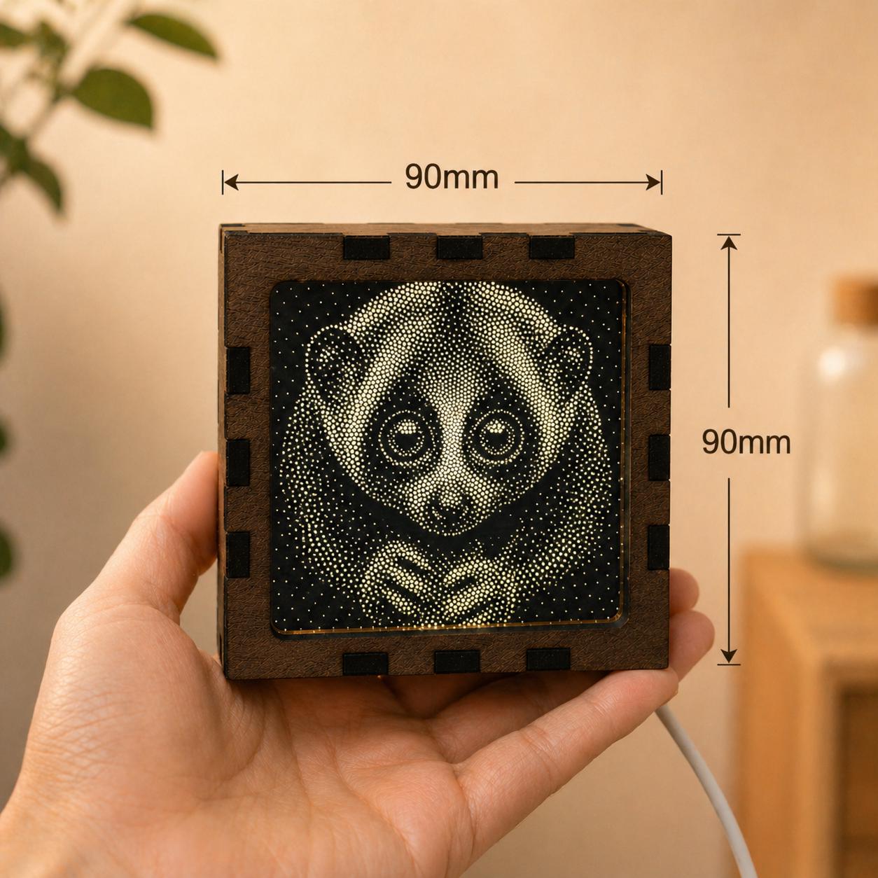 Slow Loris Night Light | Nocturnal Animal Range | Stipple Art Mood Lamp | Wooden USB Bedside Light