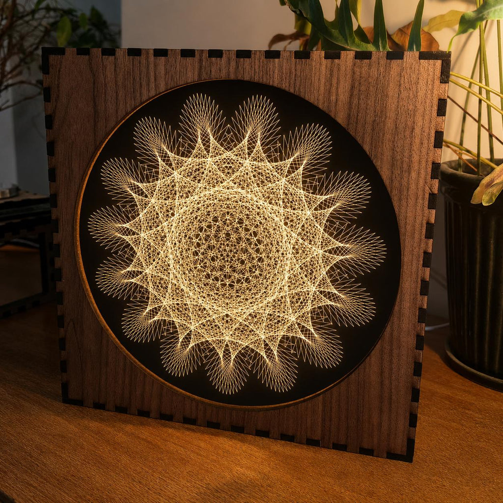 Geometric Walnut & Mirror Glass Wall Light, Handmade LED Mood Lamp, Modern Ambient Warm Glow Wall Decor - Star Lattice