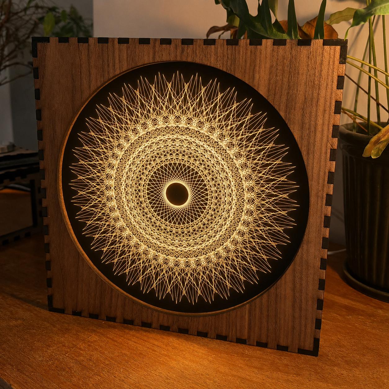 Geometric Walnut & Mirror Glass Wall Light, Handmade LED Mood Lamp, Modern Ambient Warm Glow Wall Decor - Solar Ring