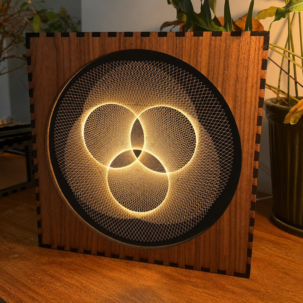 Geometric Walnut & Mirror Glass Wall Light, Handmade LED Mood Lamp, Modern Ambient Warm Glow Wall Decor - Triad Weave