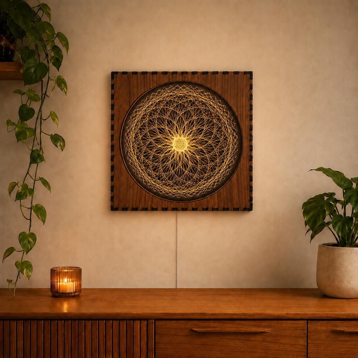Geometric Walnut & Mirror Glass Wall Light, Handmade LED Mood Lamp, Modern Ambient Warm Glow Wall Decor - Orbit Mesh