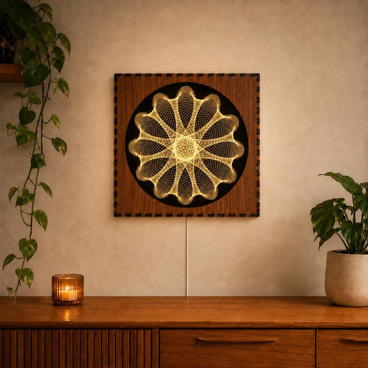 Geometric Walnut & Mirror Glass Wall Light, Handmade LED Mood Lamp, Modern Ambient Warm Glow Wall Decor - Radial Bloom