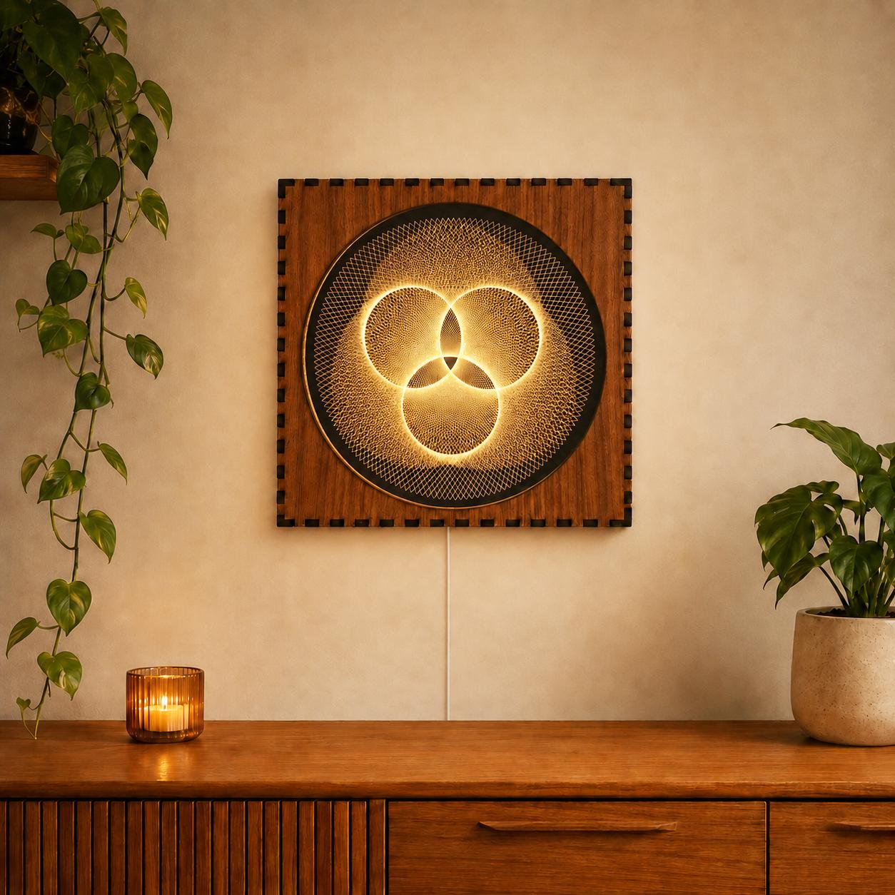 Geometric Walnut & Mirror Glass Wall Light, Handmade LED Mood Lamp, Modern Ambient Warm Glow Wall Decor - Triad Weave