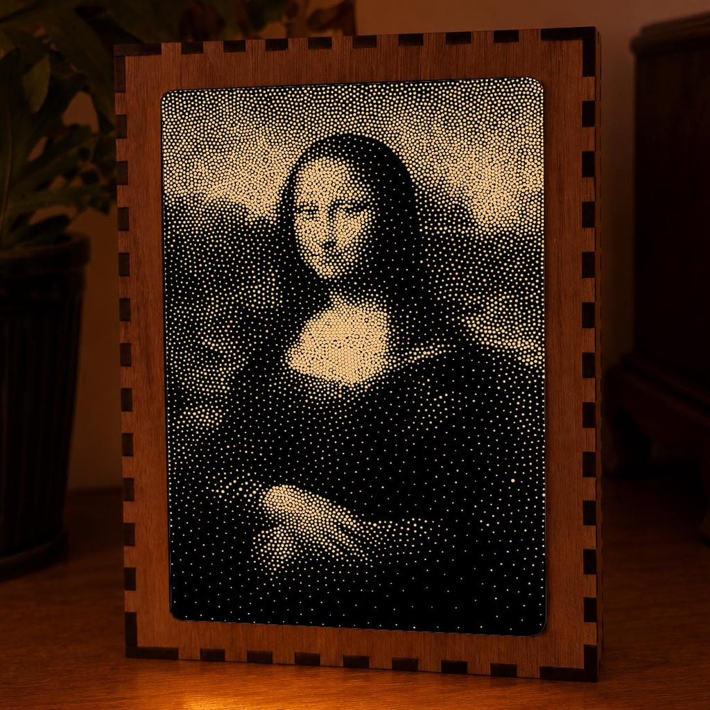 Mona Lisa Stipple Mood Lamp | Walnut & Mirrored Glass Shadow Box Light | Handmade UK