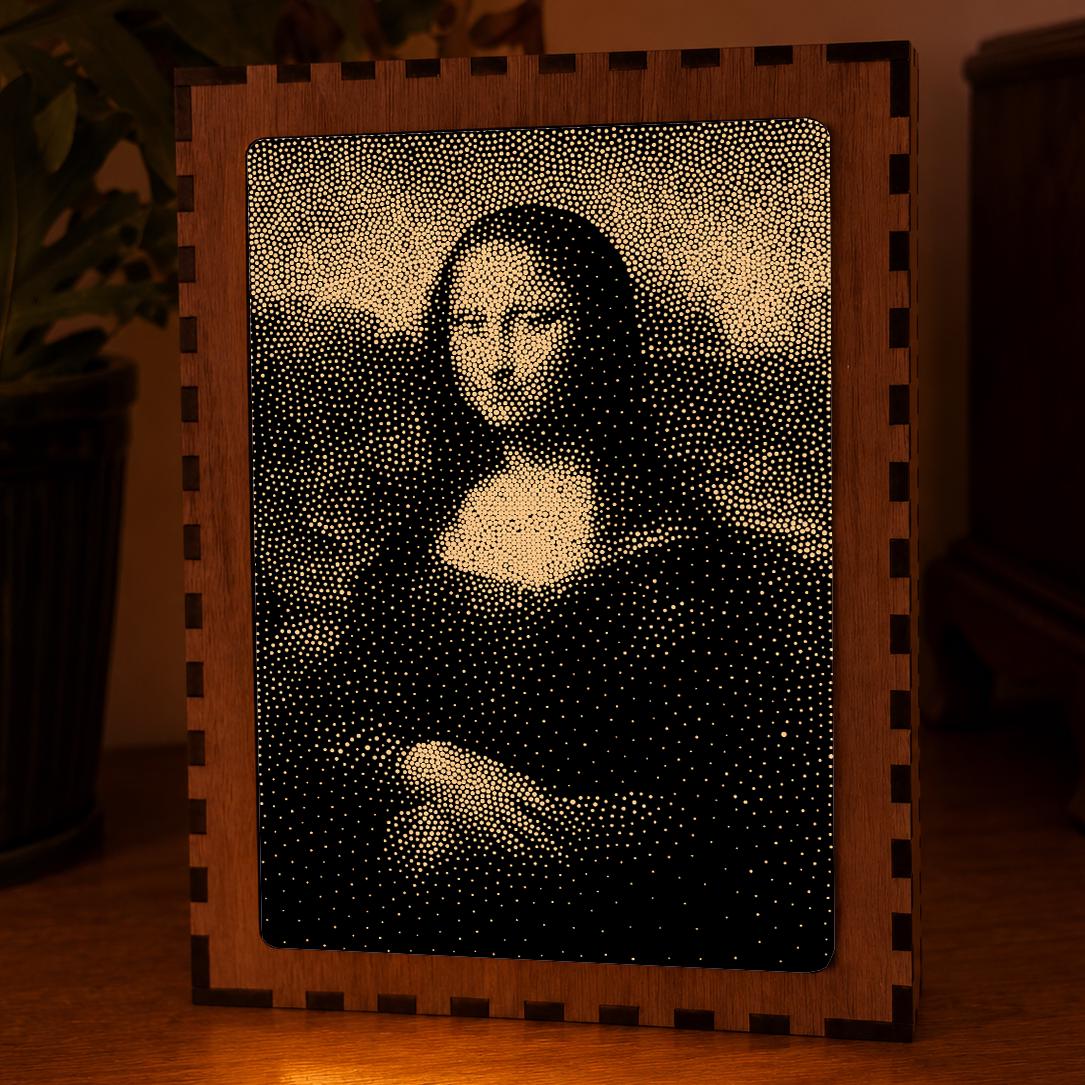 Mona Lisa Stipple Mood Lamp | Walnut & Mirrored Glass Shadow Box Light | Handmade UK