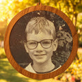 Custom Photo Suncatcher, Spiral Art Modern Mirror & Walnut Window Hanging