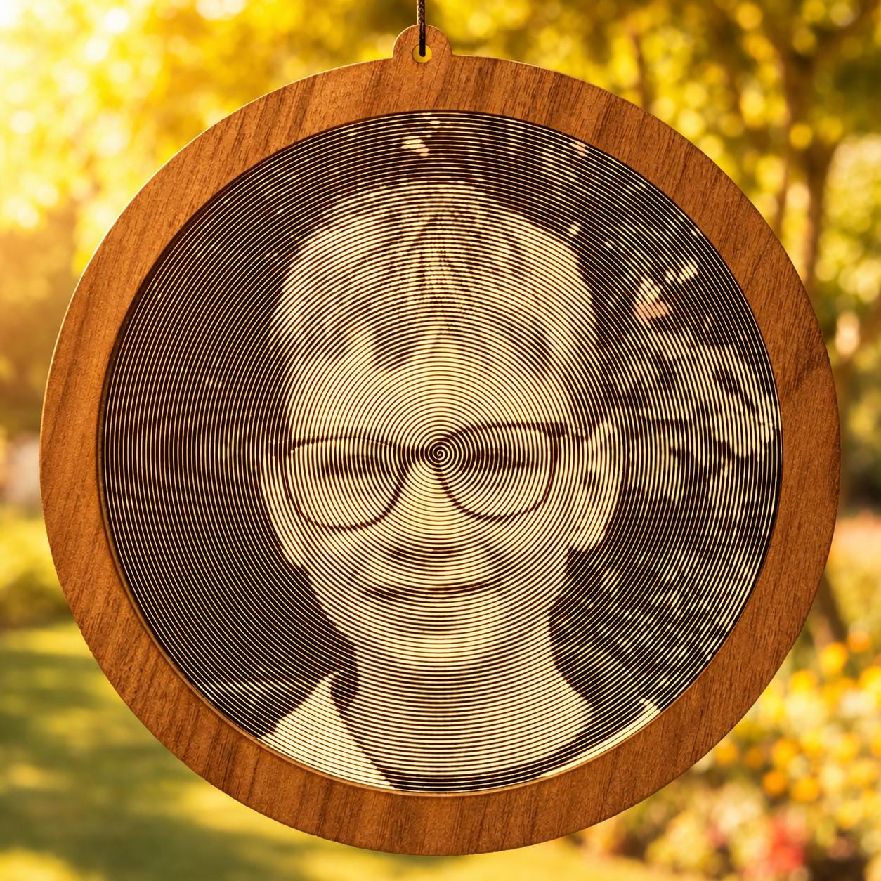 Custom Photo Suncatcher, Spiral Art Modern Mirror & Walnut Window Hanging