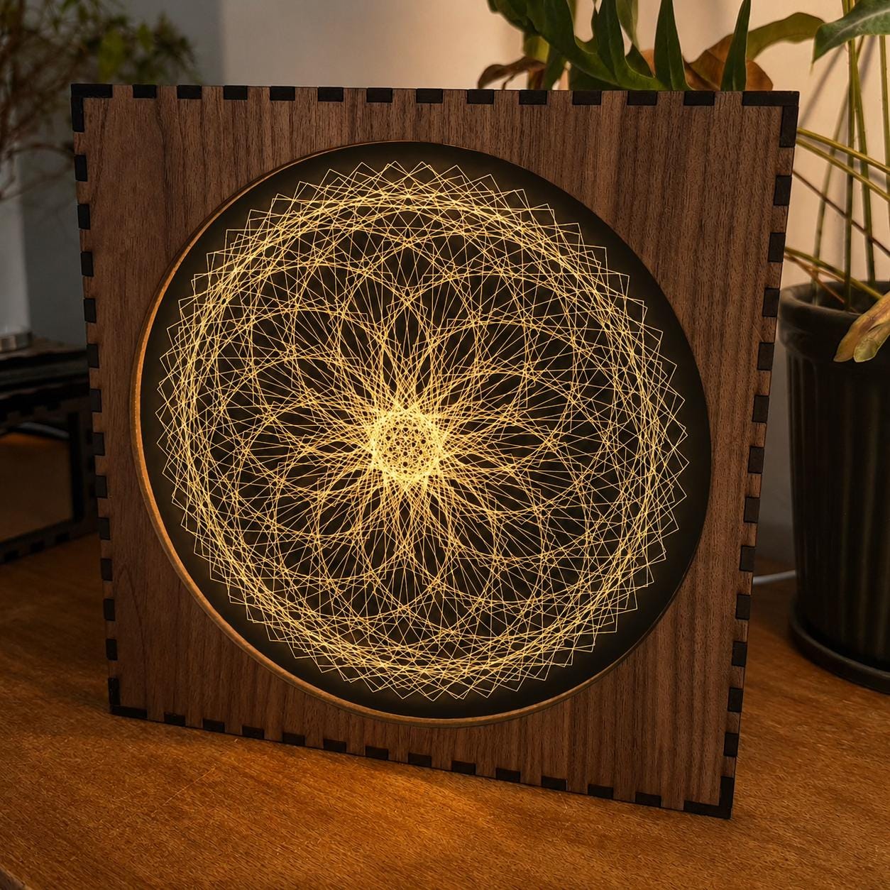 Geometric Walnut & Mirror Glass Wall Light, Handmade LED Mood Lamp, Modern Ambient Warm Glow Wall Decor - Orbit Mesh