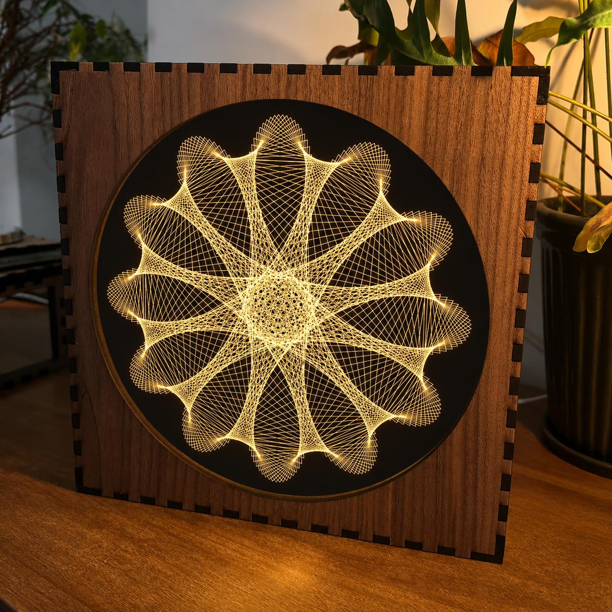 Geometric Walnut & Mirror Glass Wall Light, Handmade LED Mood Lamp, Modern Ambient Warm Glow Wall Decor - Radial Bloom
