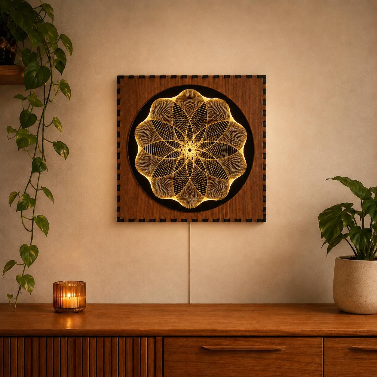 Geometric Walnut & Mirror Glass Wall Light, Handmade LED Mood Lamp, Modern Ambient Warm Glow Wall Decor - Petal Wave