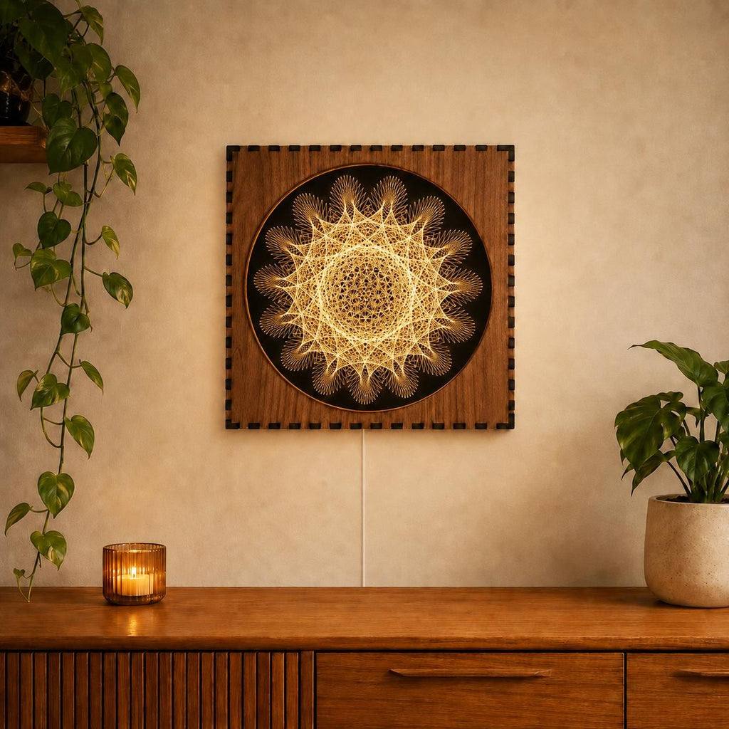 Geometric Walnut & Mirror Glass Wall Light, Handmade LED Mood Lamp, Modern Ambient Warm Glow Wall Decor - Star Lattice