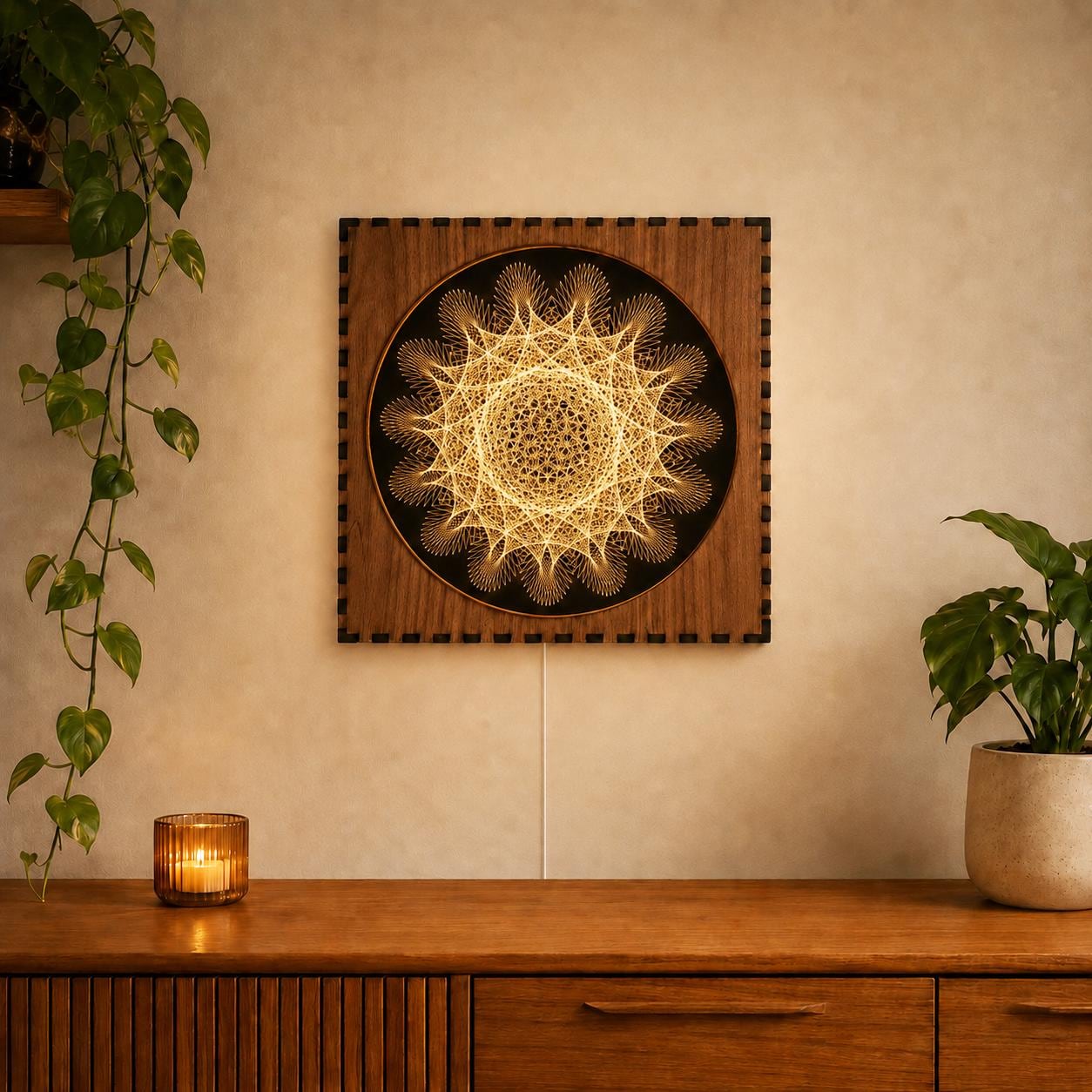 Geometric Walnut & Mirror Glass Wall Light, Handmade LED Mood Lamp, Modern Ambient Warm Glow Wall Decor - Star Lattice