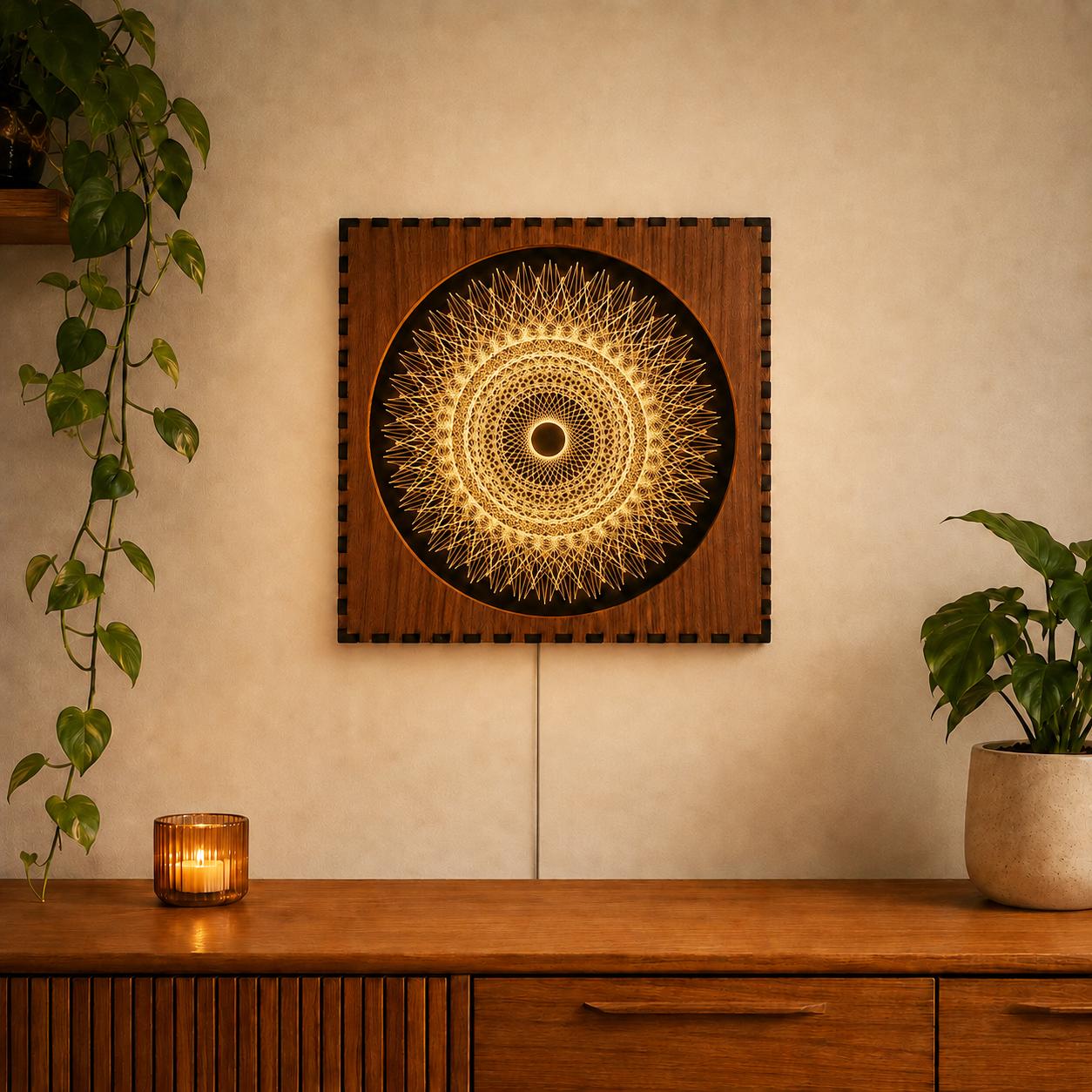 Geometric Walnut & Mirror Glass Wall Light, Handmade LED Mood Lamp, Modern Ambient Warm Glow Wall Decor - Solar Ring