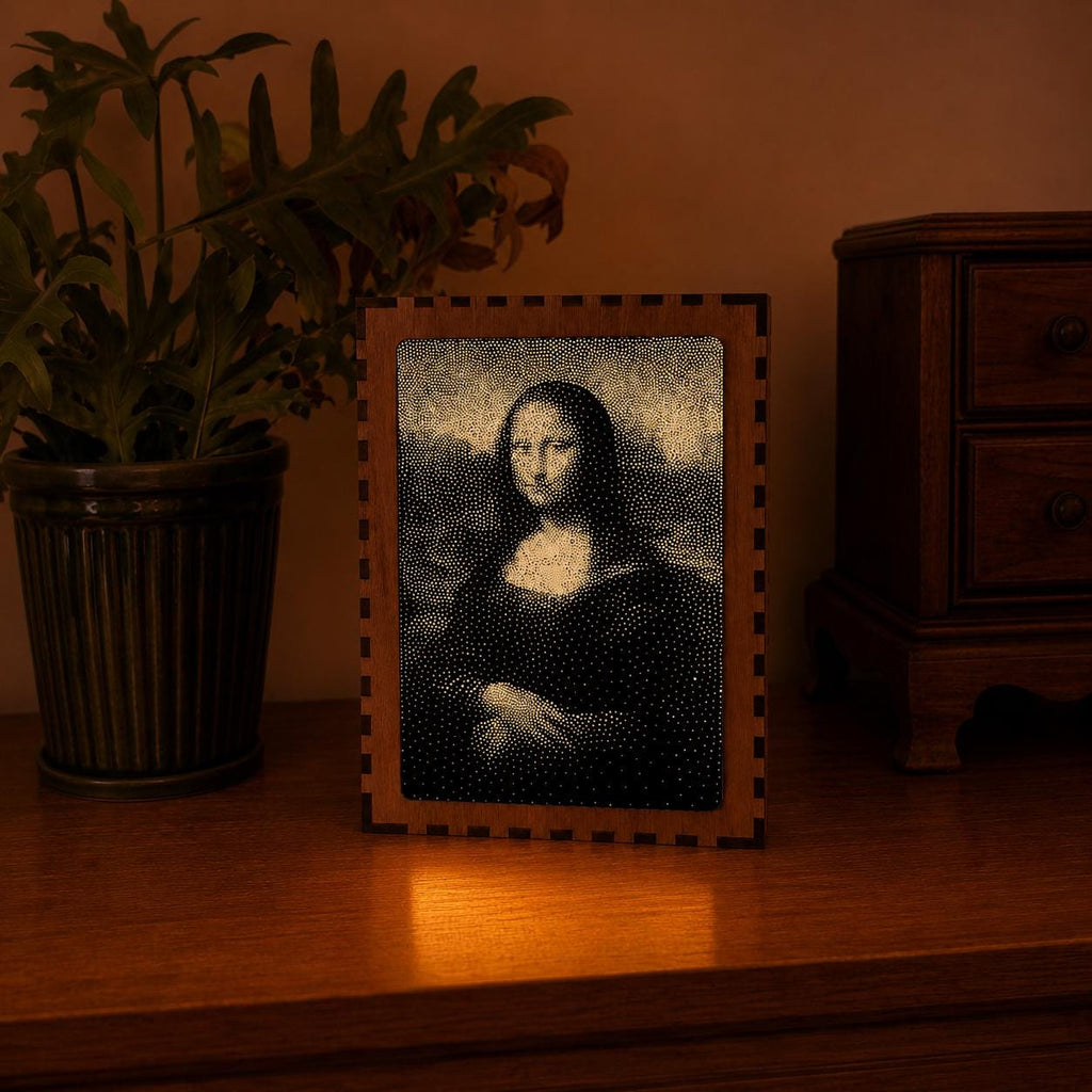 Mona Lisa Stipple Mood Lamp | Walnut & Mirrored Glass Shadow Box Light | Handmade UK