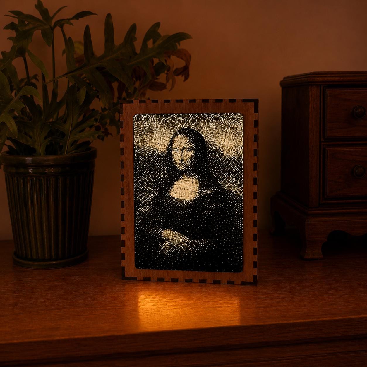Mona Lisa Stipple Mood Lamp | Walnut & Mirrored Glass Shadow Box Light | Handmade UK