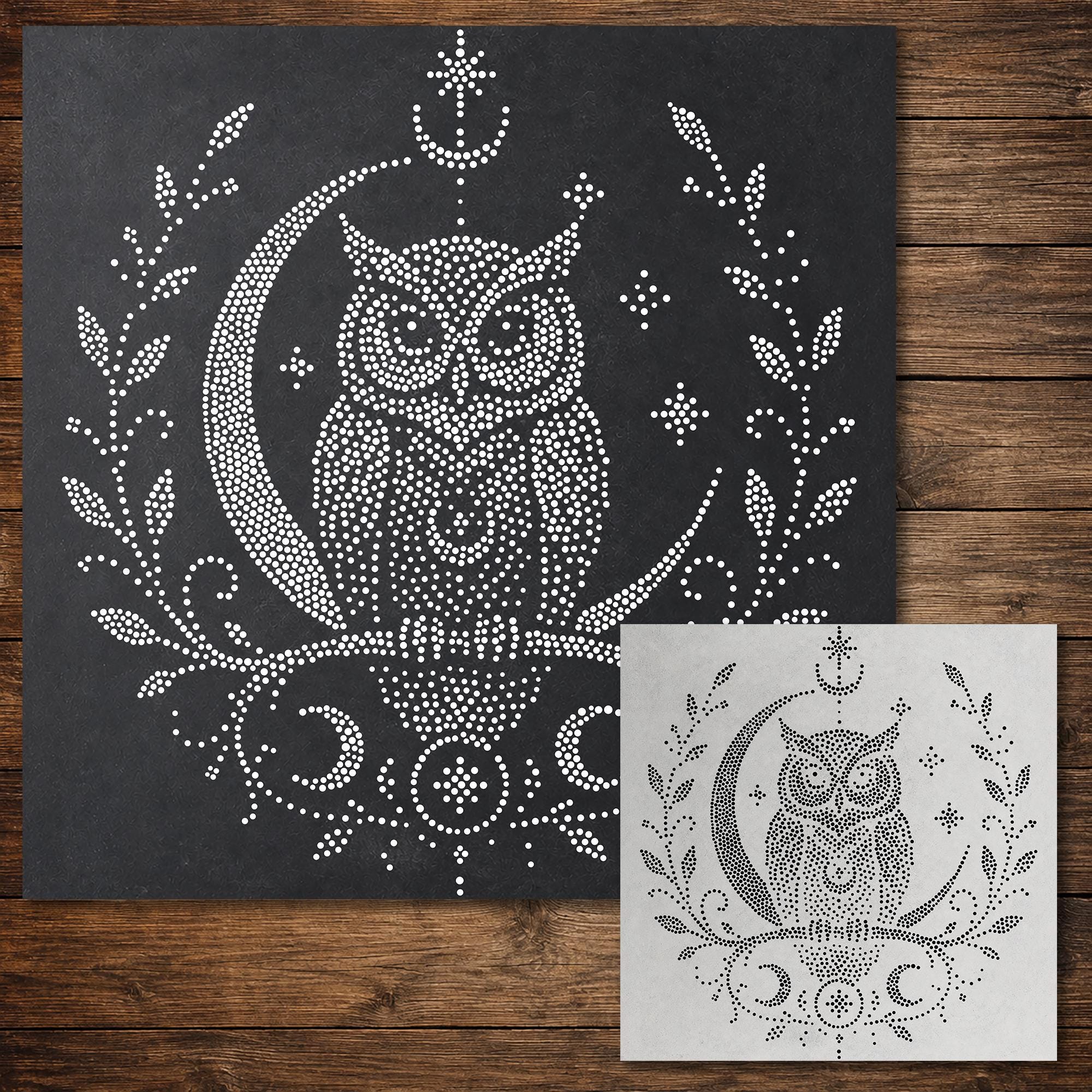 Celestial Owl Stipple Art Stencil | Realistic Mylar Wall Art, Crafts (Large - 300mm / 12" approx)