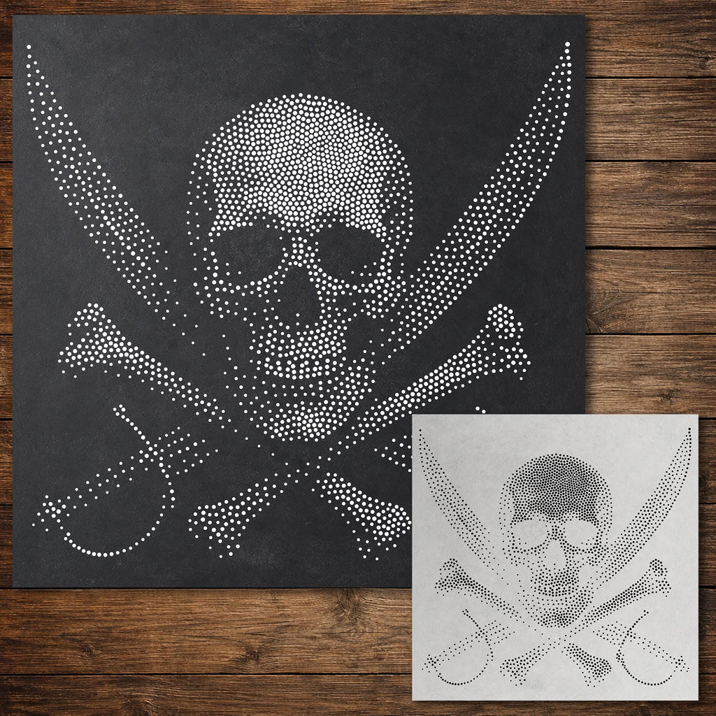 Skull & Crossbones with Swords Stencil | Realistic Highly Detailed DIY Mylar Wall Art, Stipple Art Crafts (Large - 300mm / 12" approx)