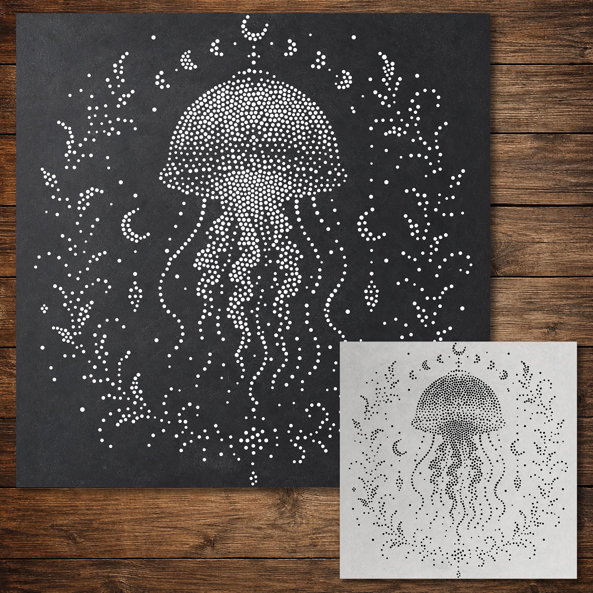 Cosmic Jellyfish Stipple Art Stencil | Realistic Mylar Wall Art, Crafts (Large - 300mm / 12" approx)