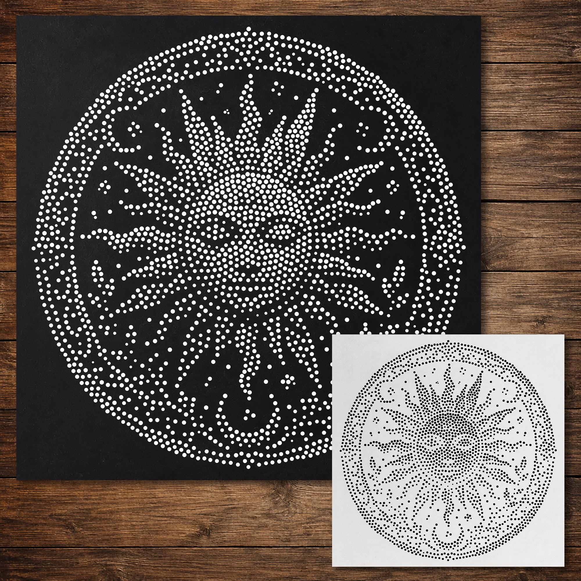 Celestial Sun and Moon Medallion Stipple Art Stencil | Realistic Mylar Wall Art, Crafts (Large - 300mm / 12" approx)
