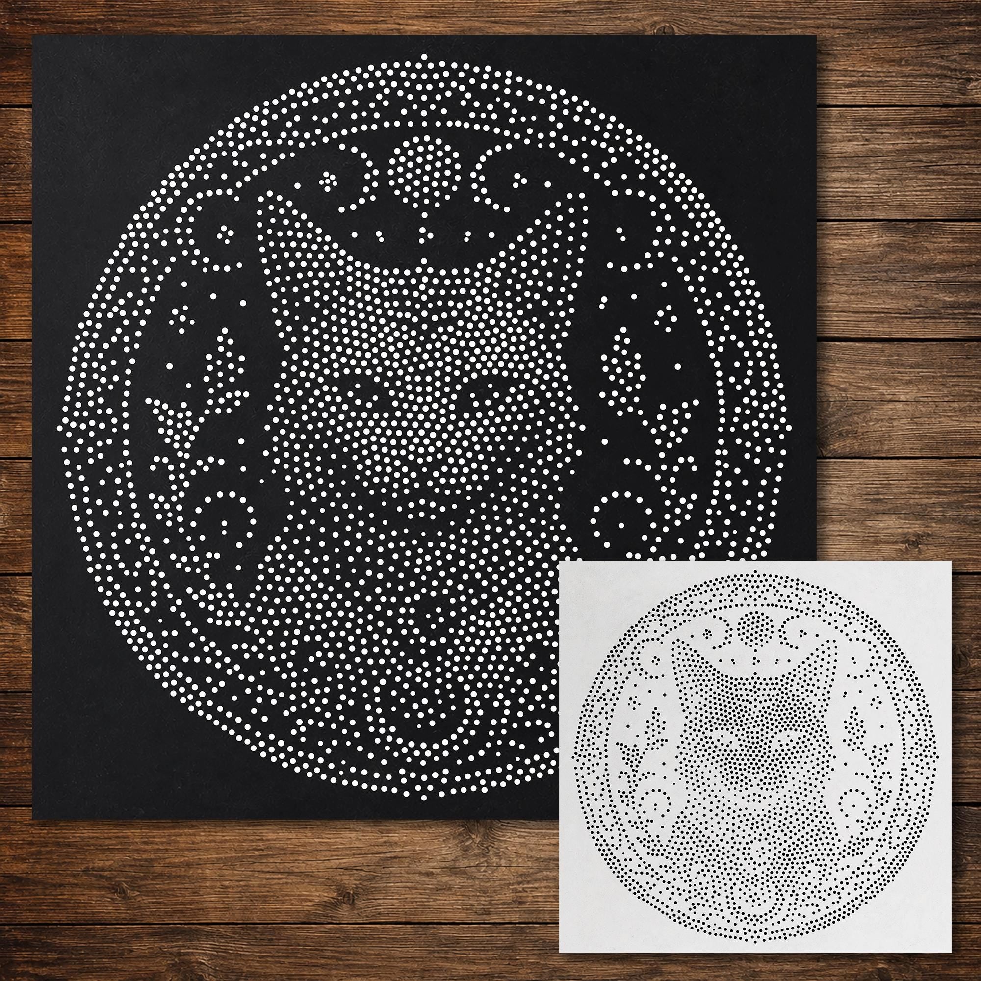 Celestial Cat Medallion Stipple Art Stencil | Realistic Mylar Wall Art, Crafts (Large - 300mm / 12" approx)