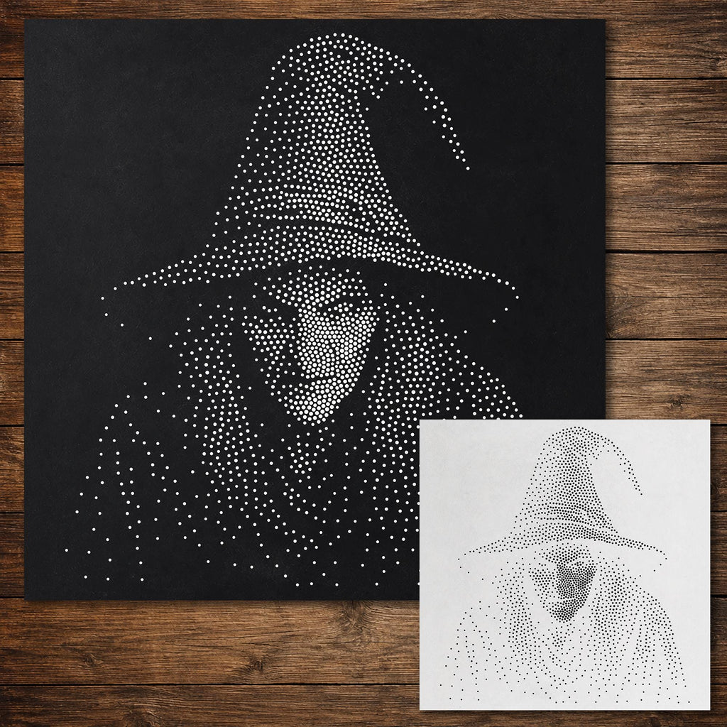 Witch Stipple Art Halloween Stencil | Realistic Mylar Wall Art, Crafts (Large - 300mm / 12" approx)