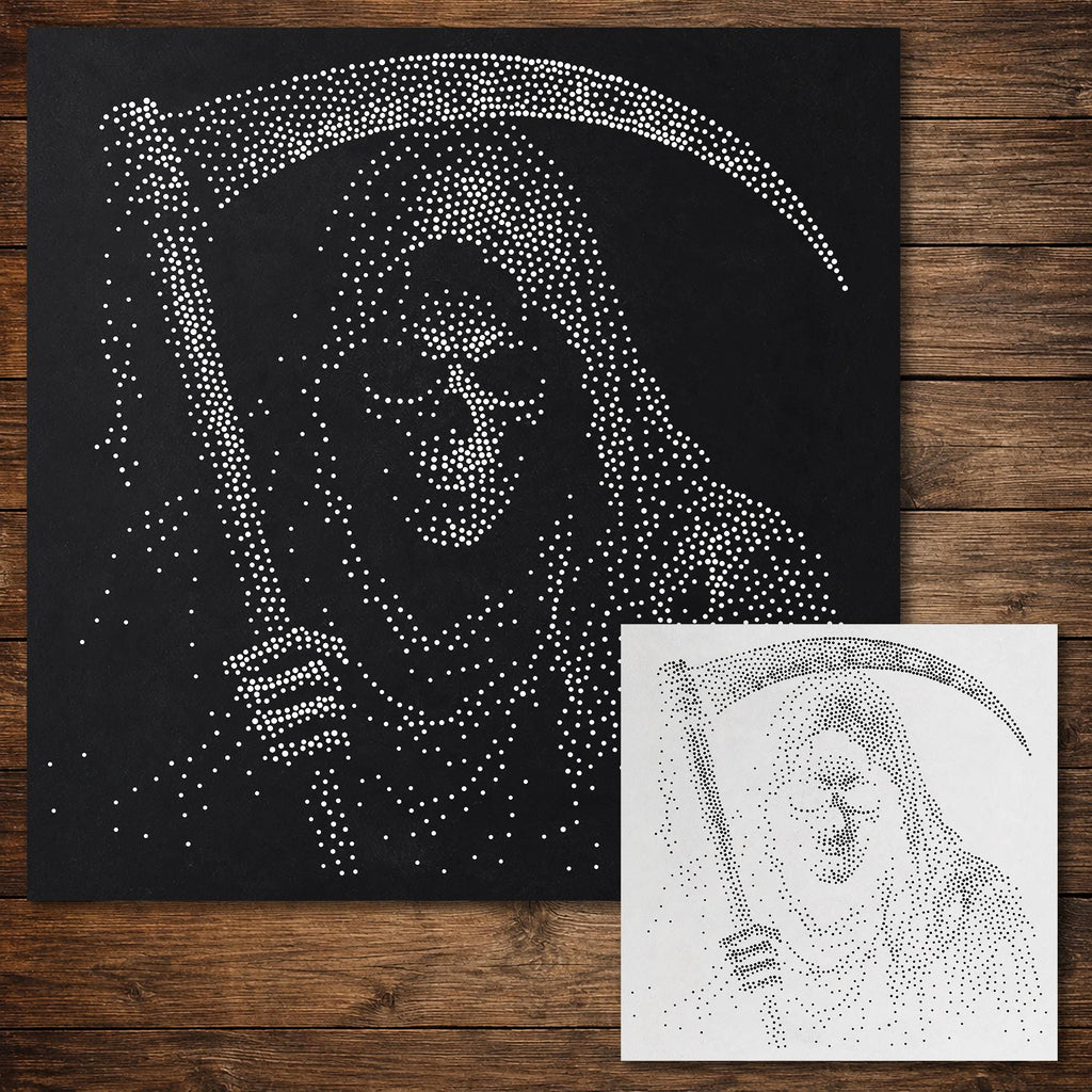 Skeleton Grim Reaper Stipple Art Halloween Stencil | Realistic Mylar Wall Art, Crafts (Large - 300mm / 12" approx)