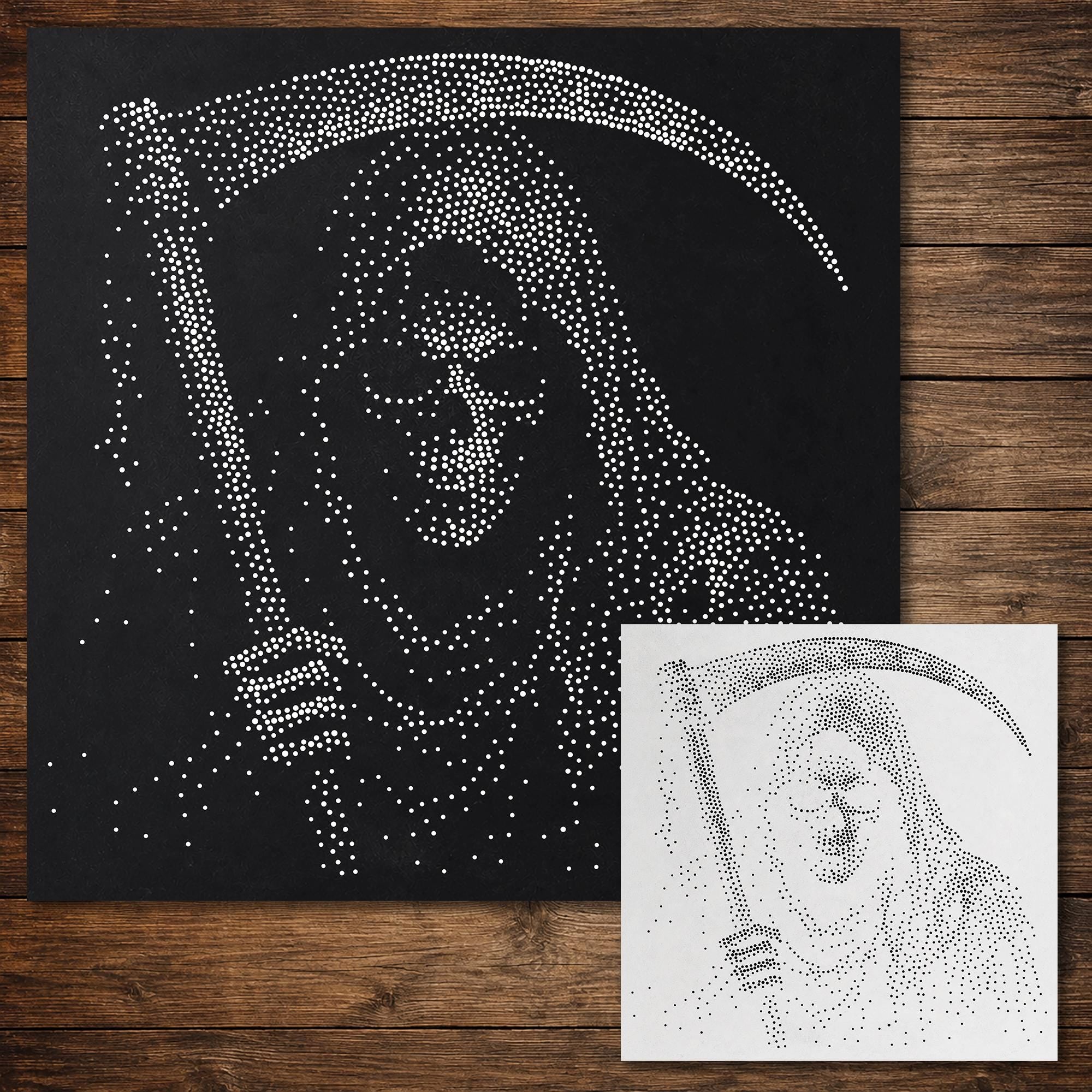 Skeleton Grim Reaper Stipple Art Halloween Stencil | Realistic Mylar Wall Art, Crafts (Large - 300mm / 12" approx)