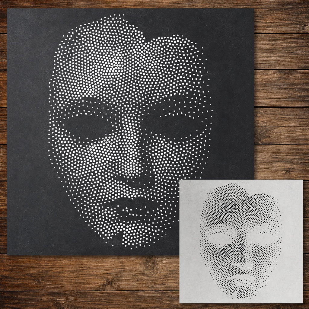 Creepy Porcelain Mask Halloween Stencil | Realistic Mylar Stipple Wall Art, Crafts (Large - 300mm / 12" approx)