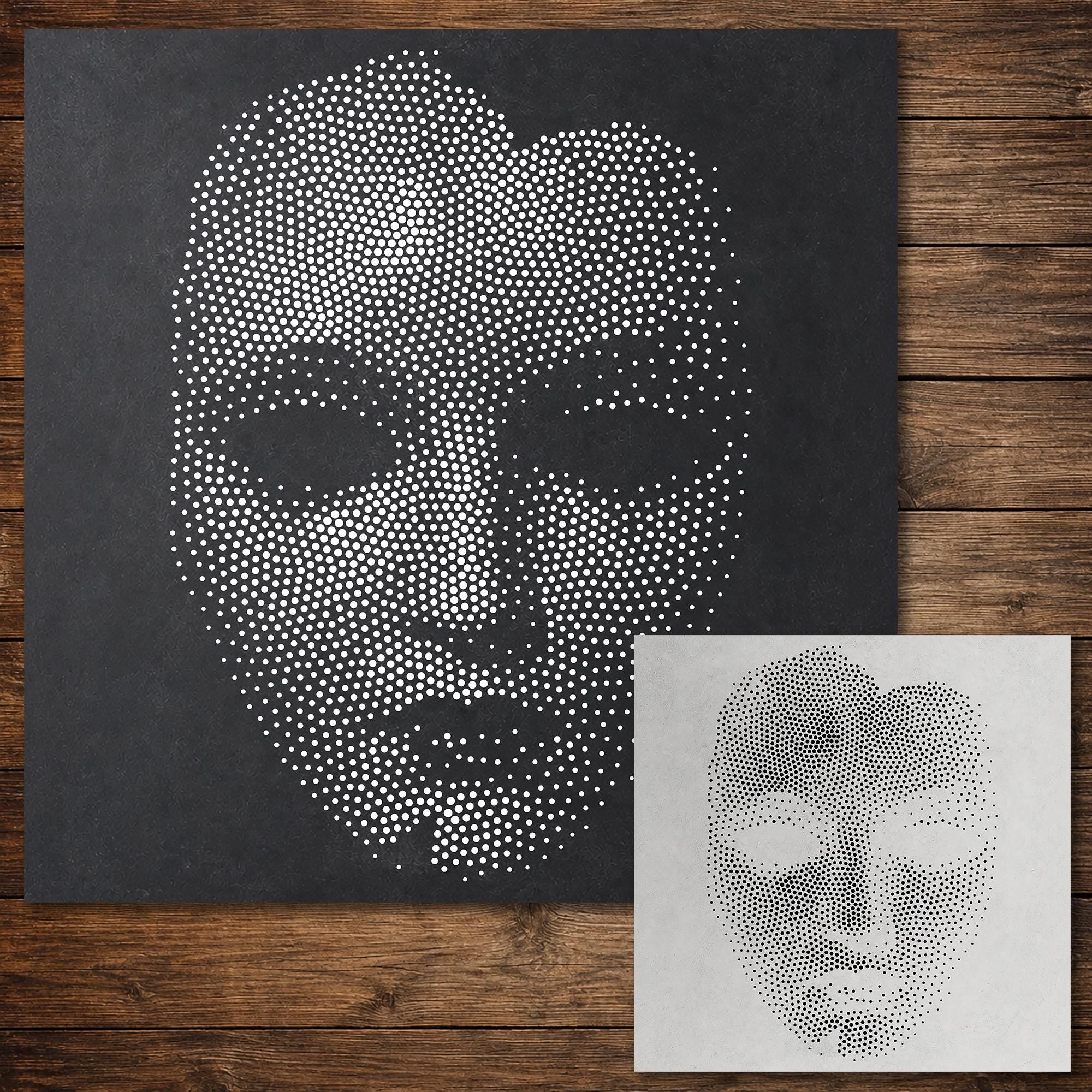 Creepy Porcelain Mask Halloween Stencil | Realistic Mylar Stipple Wall Art, Crafts (Large - 300mm / 12" approx)