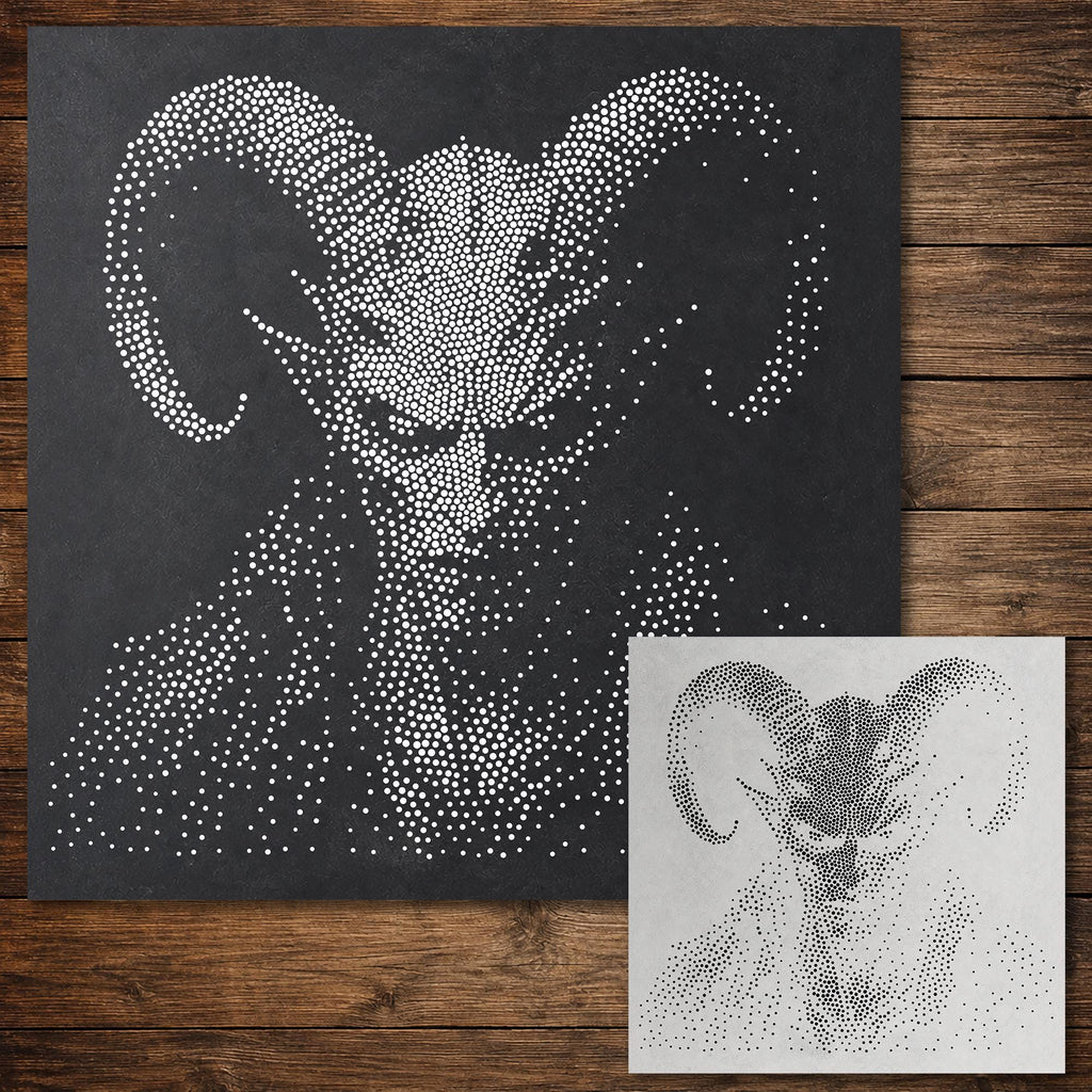 Demon Ram Head Halloween Stencil | Realistic Mylar Stipple Wall Art, Crafts (Large - 300mm / 12" approx)
