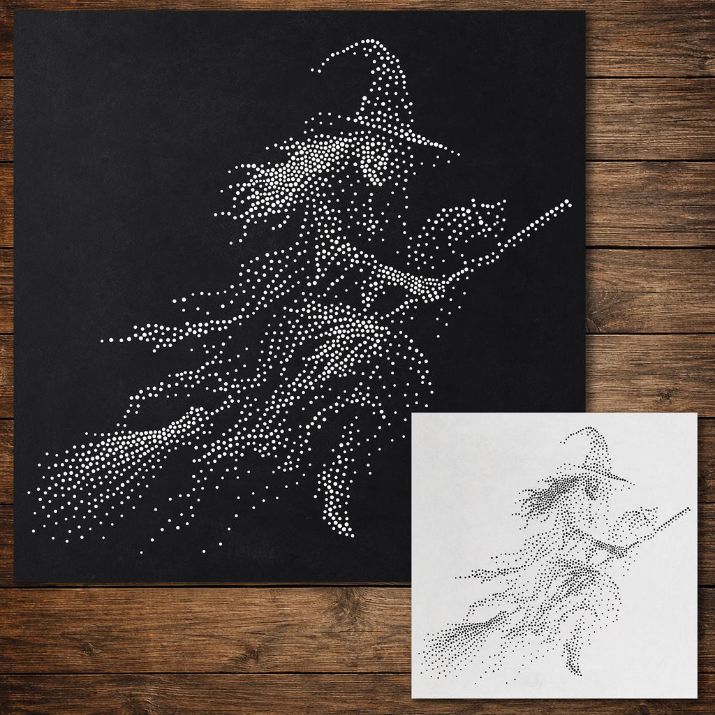 Flying Witch with Black Cat Stipple Art Halloween Stencil | Realistic Mylar Wall Art, Crafts (Large - 300mm / 12" approx)