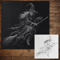 Flying Witch with Black Cat Stipple Art Halloween Stencil | Realistic Mylar Wall Art, Crafts (Large - 300mm / 12" approx)