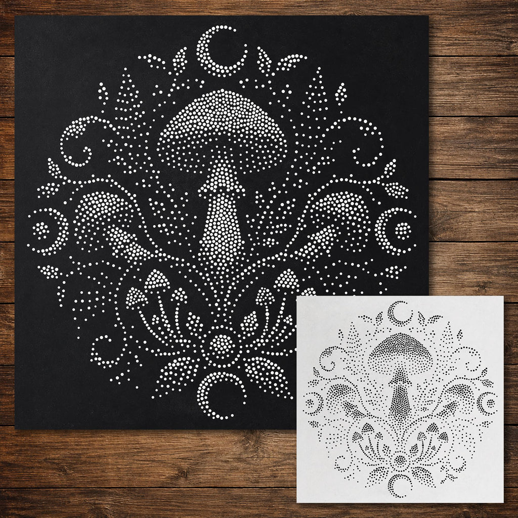 Mushroom Mandala Stipple Art Stencil | Realistic Mylar Wall Art, Crafts (Large - 300mm / 12" approx)