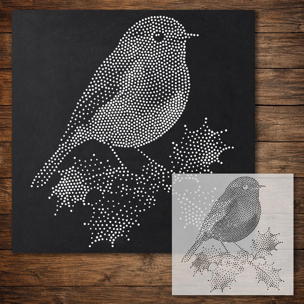 Christmas Robin with Holly Stencil reusable Mylar stencil, 300 x 300 mm