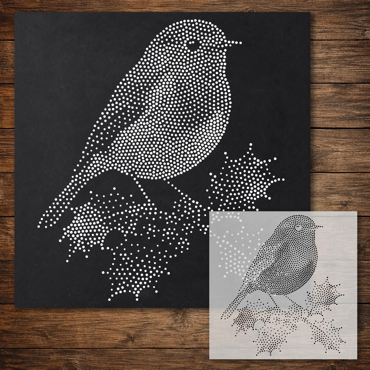 Christmas Robin with Holly Stencil reusable Mylar stencil, 300 x 300 mm