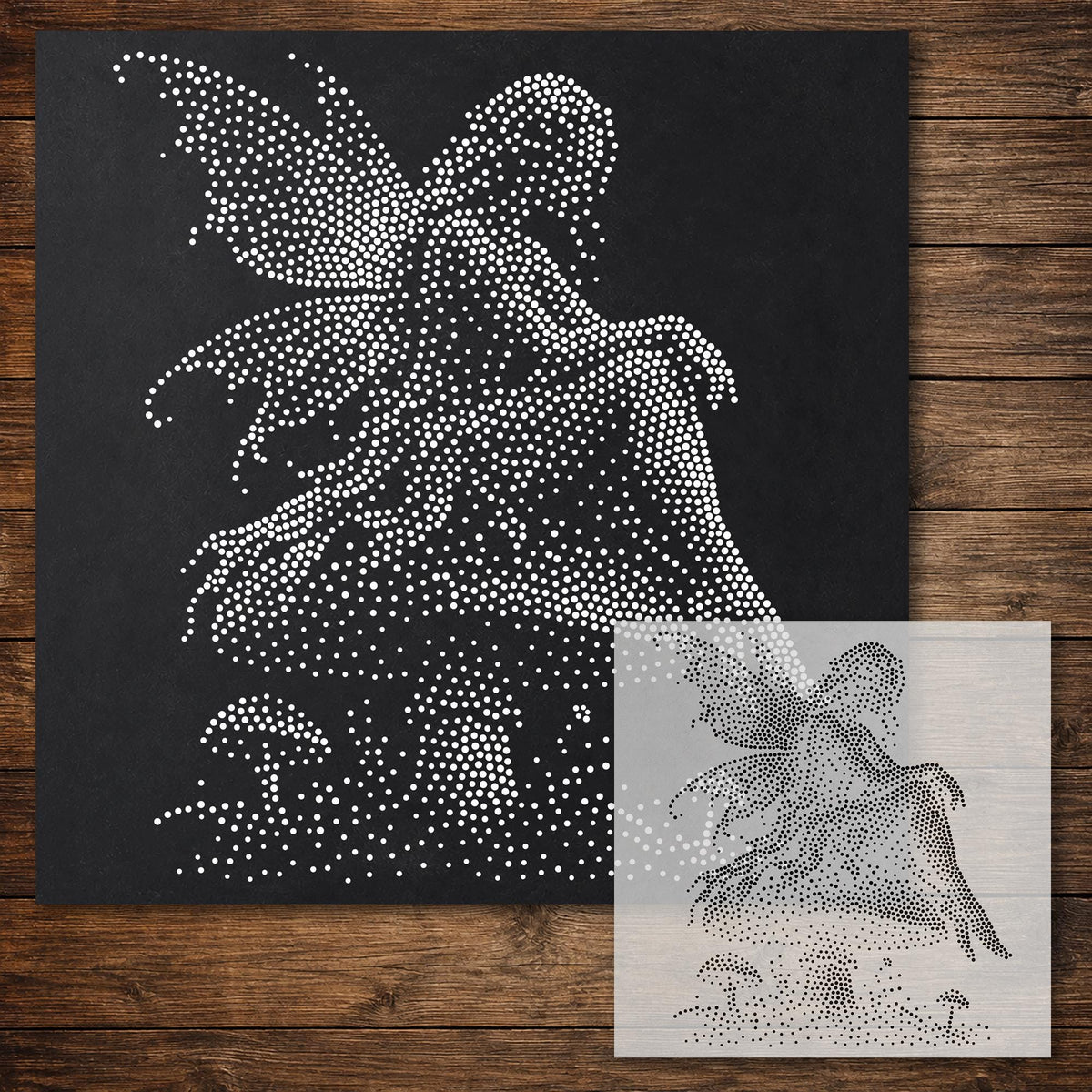 Fairy on Mushroom Stencil reusable Mylar stencil, 300 x 300 mm