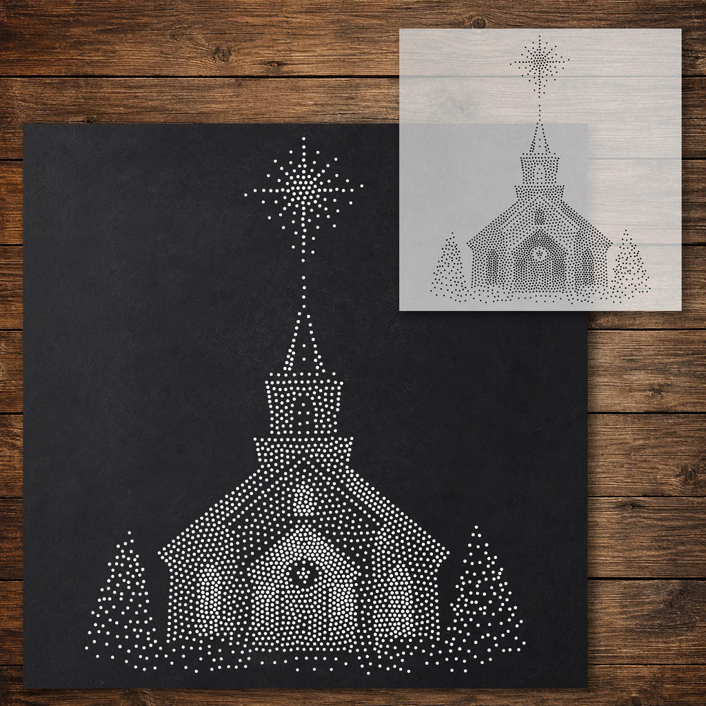 Christmas Church under Star Stencil reusable Mylar stencil, 300 x 300 mm