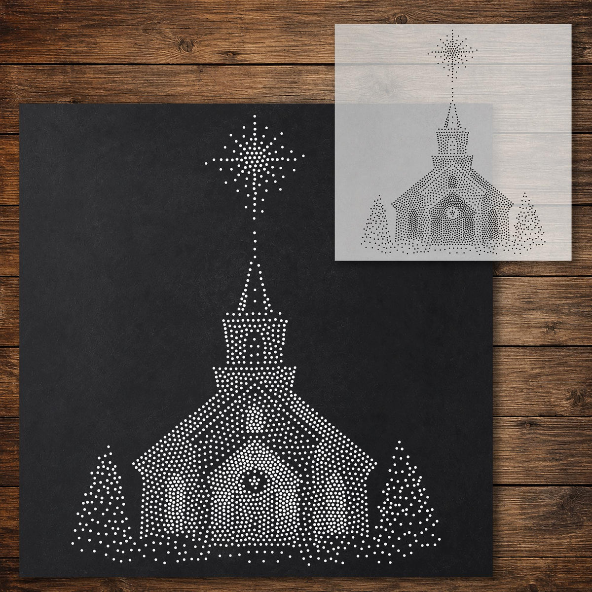 Christmas Church under Star Stencil reusable Mylar stencil, 300 x 300 mm