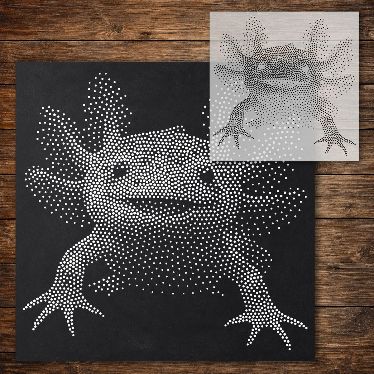 Axolotl Portrait Stipple Art Stencil reusable Mylar stencil, 300 x 300 mm